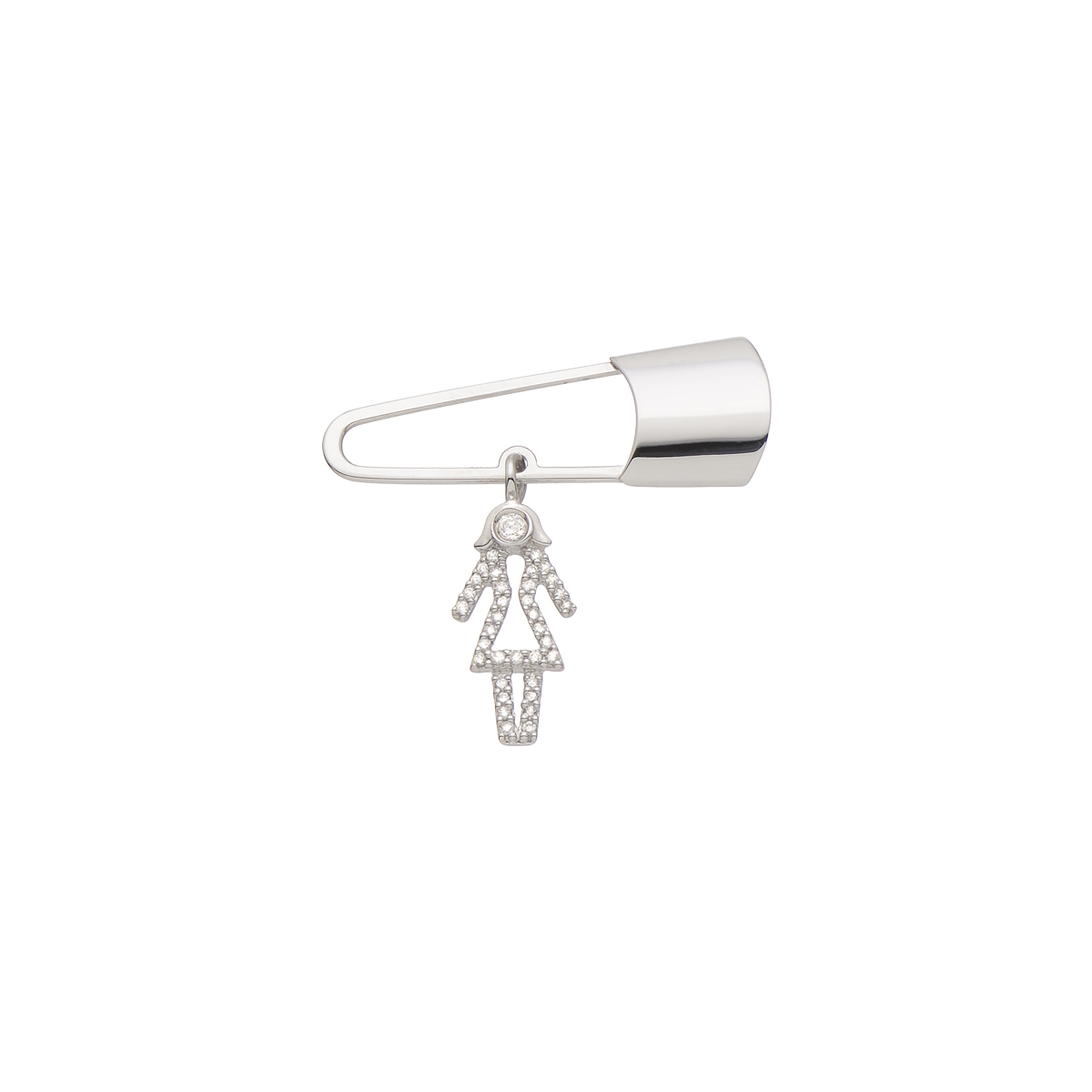 K18 WHITE GOLD SAFETY PIN WITH DIAMOND GIRL FIGURE