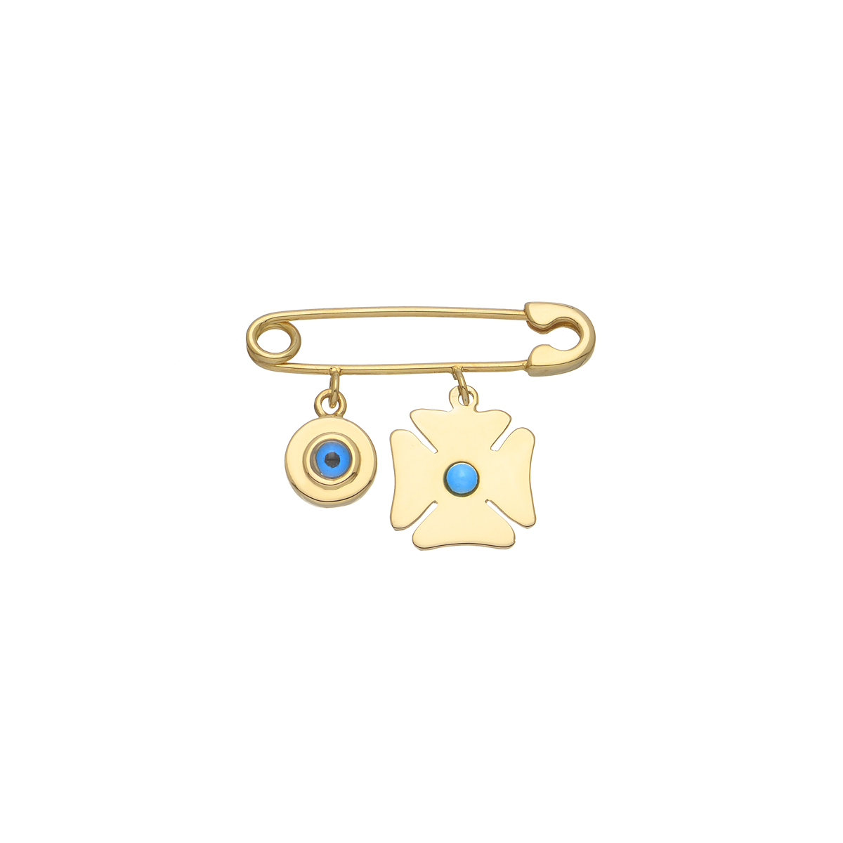 K14 YELLOW GOLD SAFETY PIN WITH CLOVER WITH TURQUOISE AND EVIL EYE