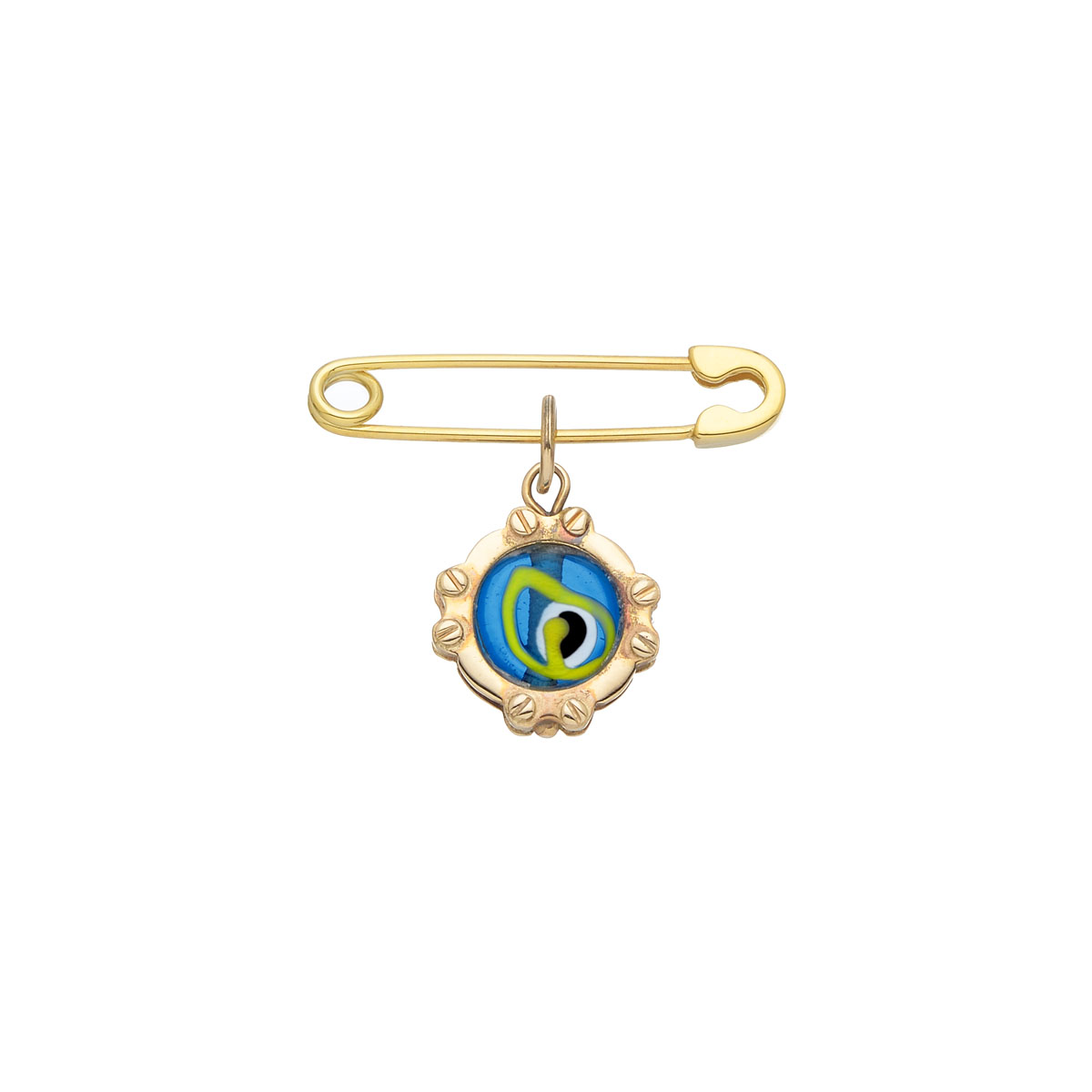 EVIL EYE SAFETY PIN K14 YELLOW GOLD
