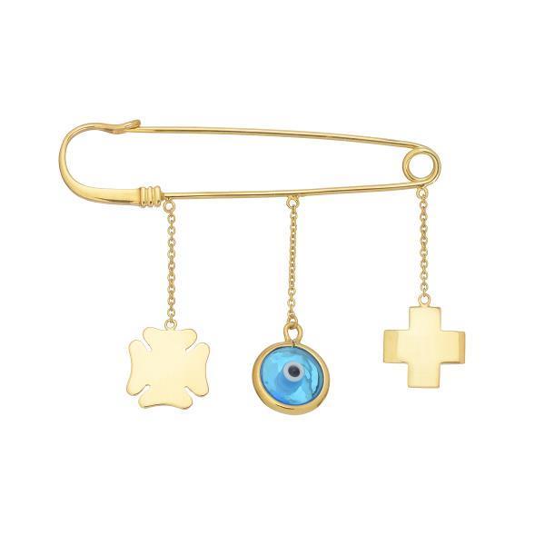 SAFETY PIN WITH CHARMS 14K YELLOW GOLD