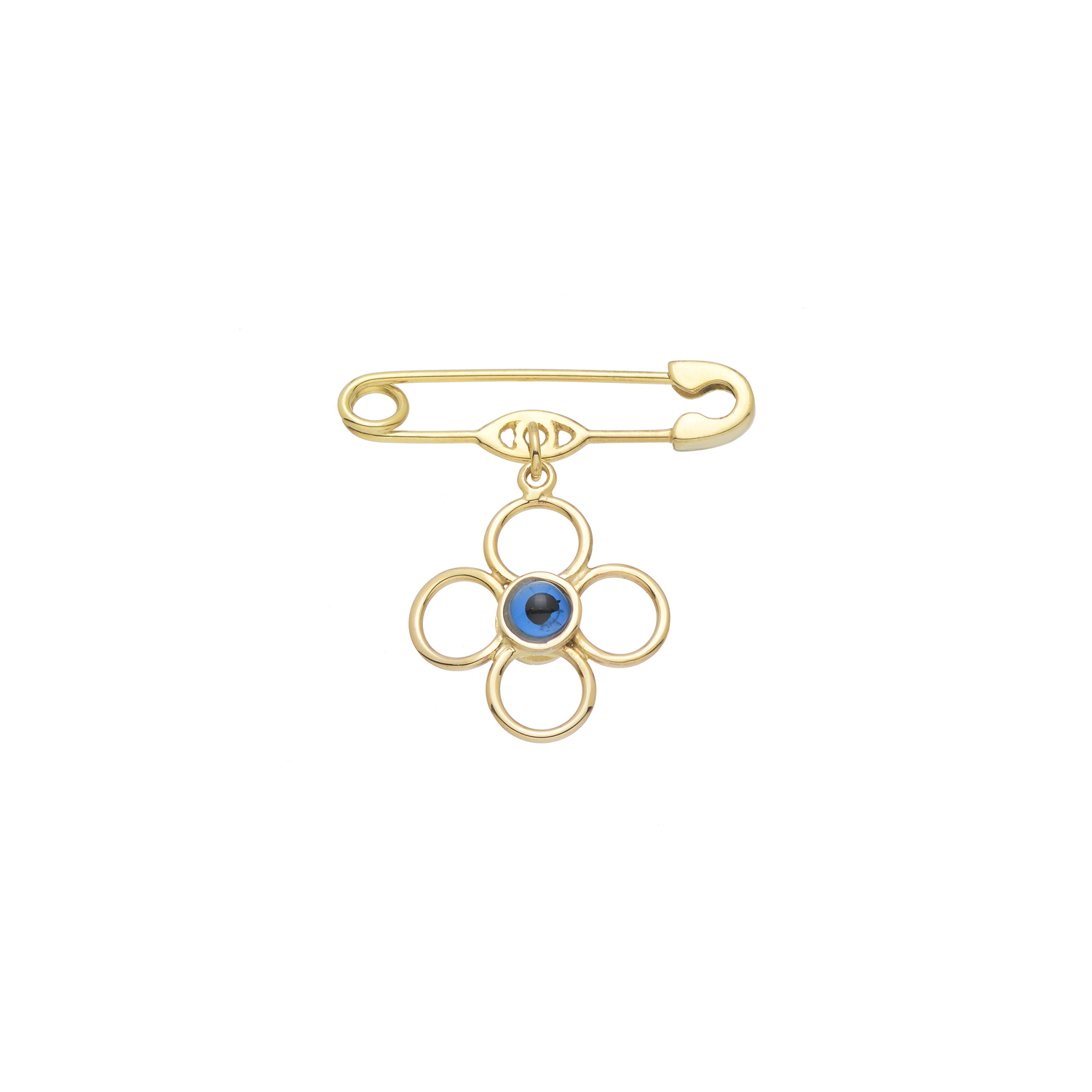 EVIL EYE SAFETY PIN 14K YELLOW GOLD
