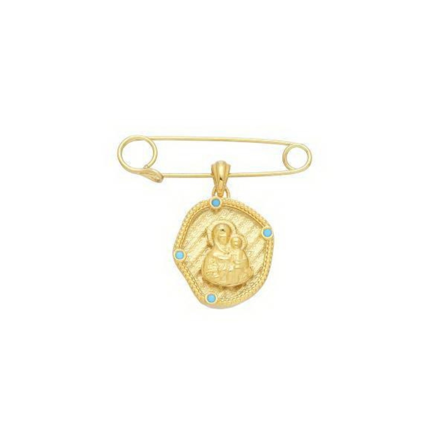SAFETY PIN WITH MADONNA IMAGE 14K YELLOW GOLD