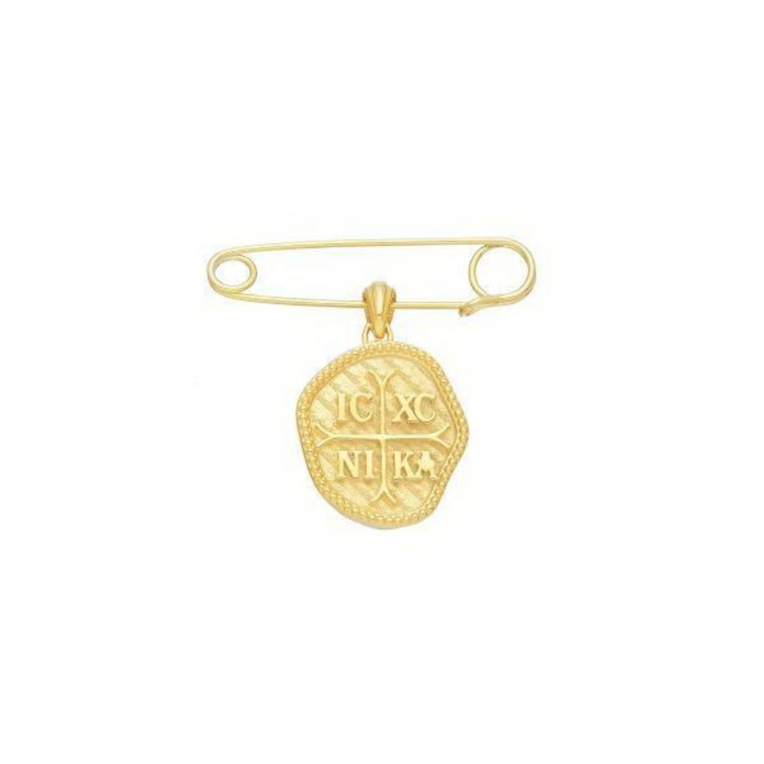 SAFETY PIN WITH MADONNA IMAGE 14K YELLOW GOLD