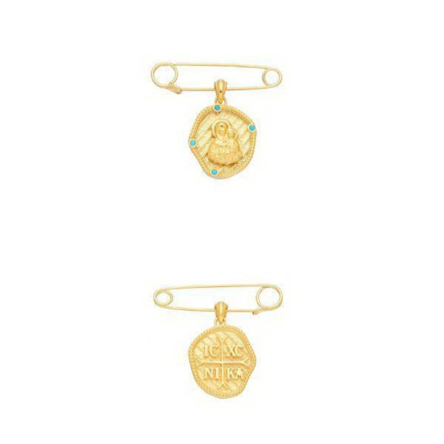 SAFETY PIN WITH MADONNA IMAGE 14K YELLOW GOLD