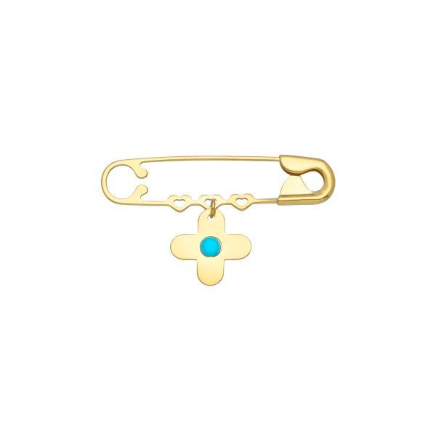 K14 GOLD PIN WITH HEARTS, CROSS AND TURQUOISE