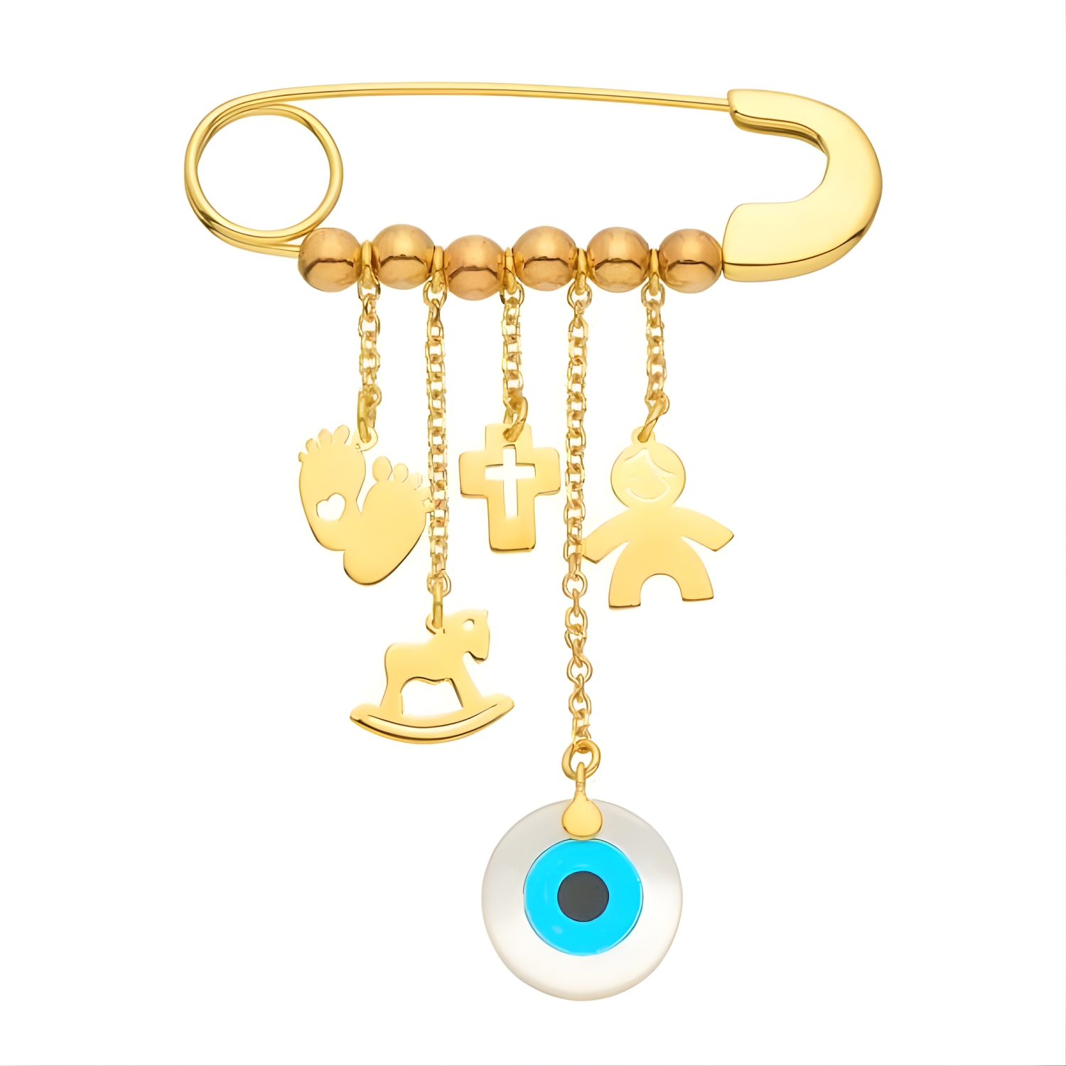GOLD PIN K14 WITH IVORY EYE WITH FIGURE OF A LITTLE BOY, CROSS, SOLES & HORSE
