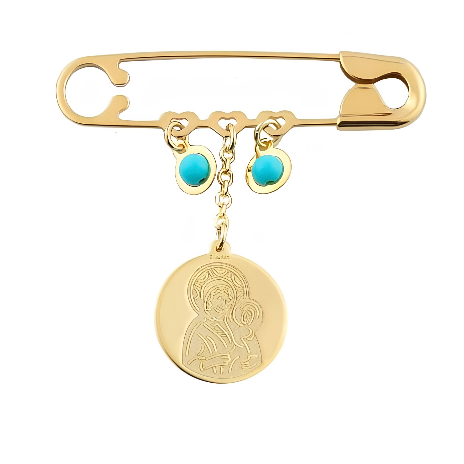GOLD PIN WITH IMAGE OF THE VIRGIN MOTHER AND 2 TURQUOISE