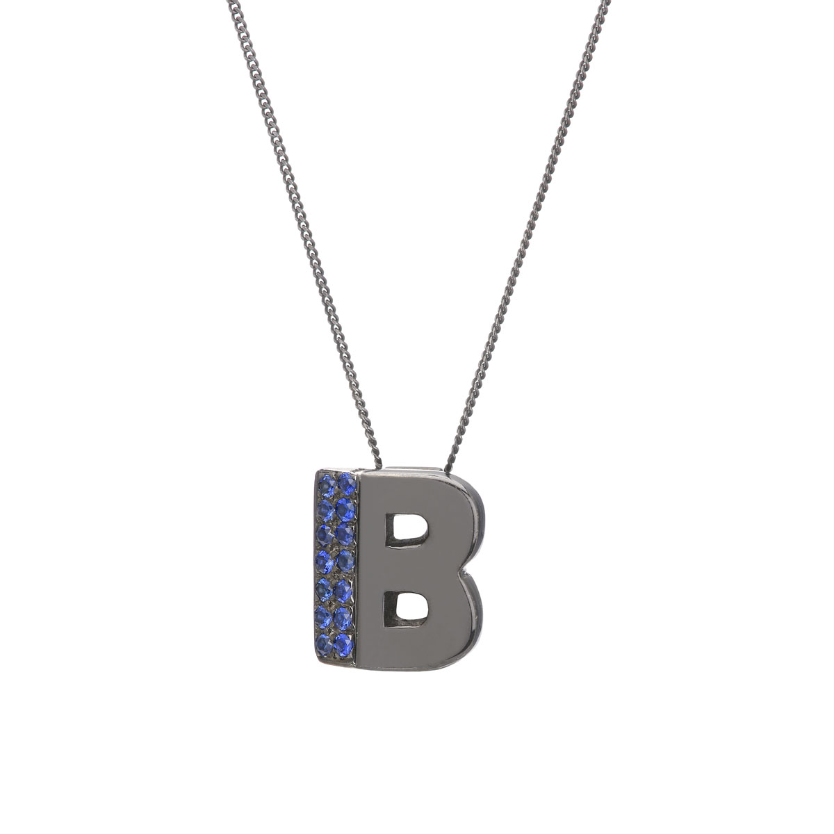 K18 BLACKENED GOLD SAPPHIRE PENDANT WITH INITIAL -B- AND K14 CHAIN