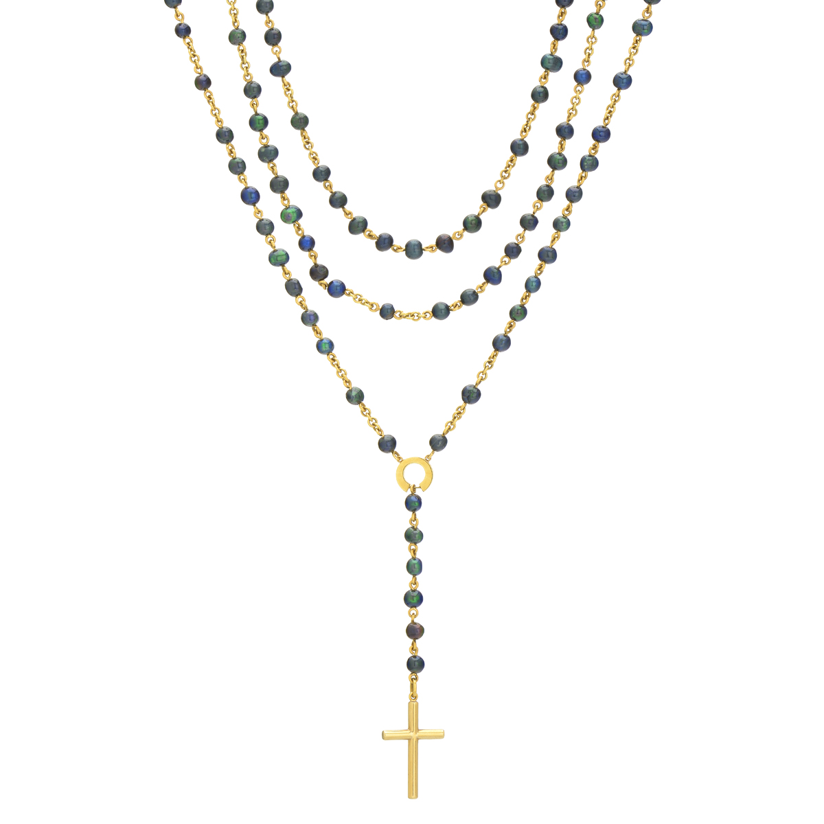 K18 YELLOW GOLD NECKLACE WITH GREEN PEARLS AND CROSS