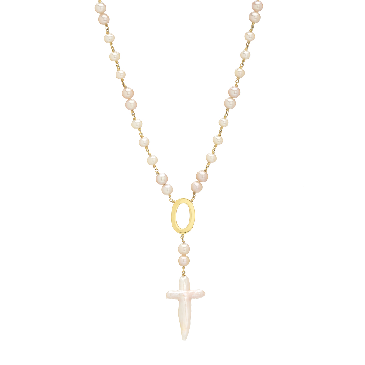 K18 YELLOW GOLD NECKLACE WITH PEARLS AND CROSS