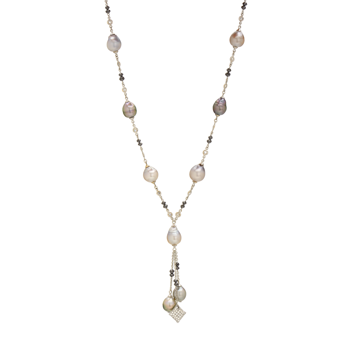 K18 WHITE GOLD DIAMOND NECKLACE WITH GREY PEARLS