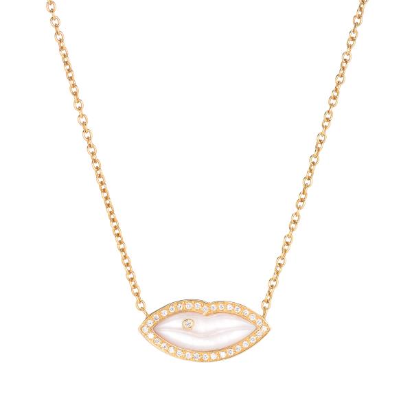 GOLD NECKLACE WITH LIPS AND PINK MOP