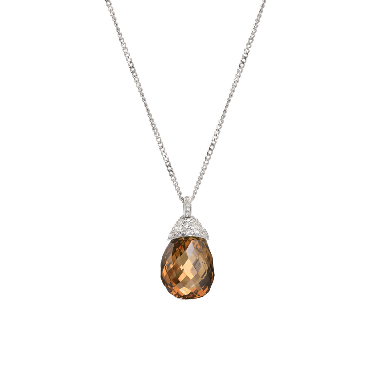 K18 WHITE GOLD DIAMOND AND BROWN BRIOLETTE PENDANT WITH K14 CHAIN