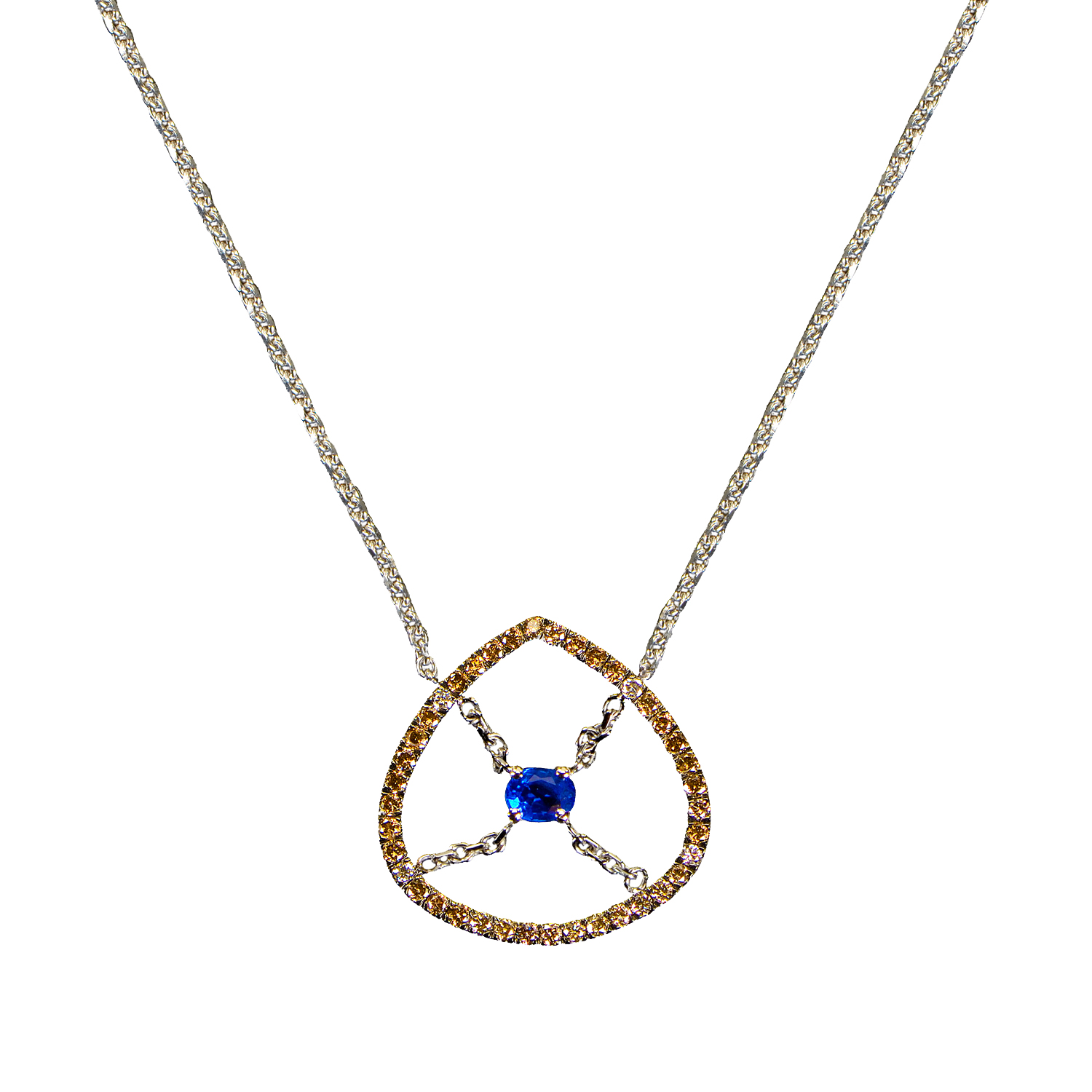 White gold pendant with sapphire, white and brown diamonds