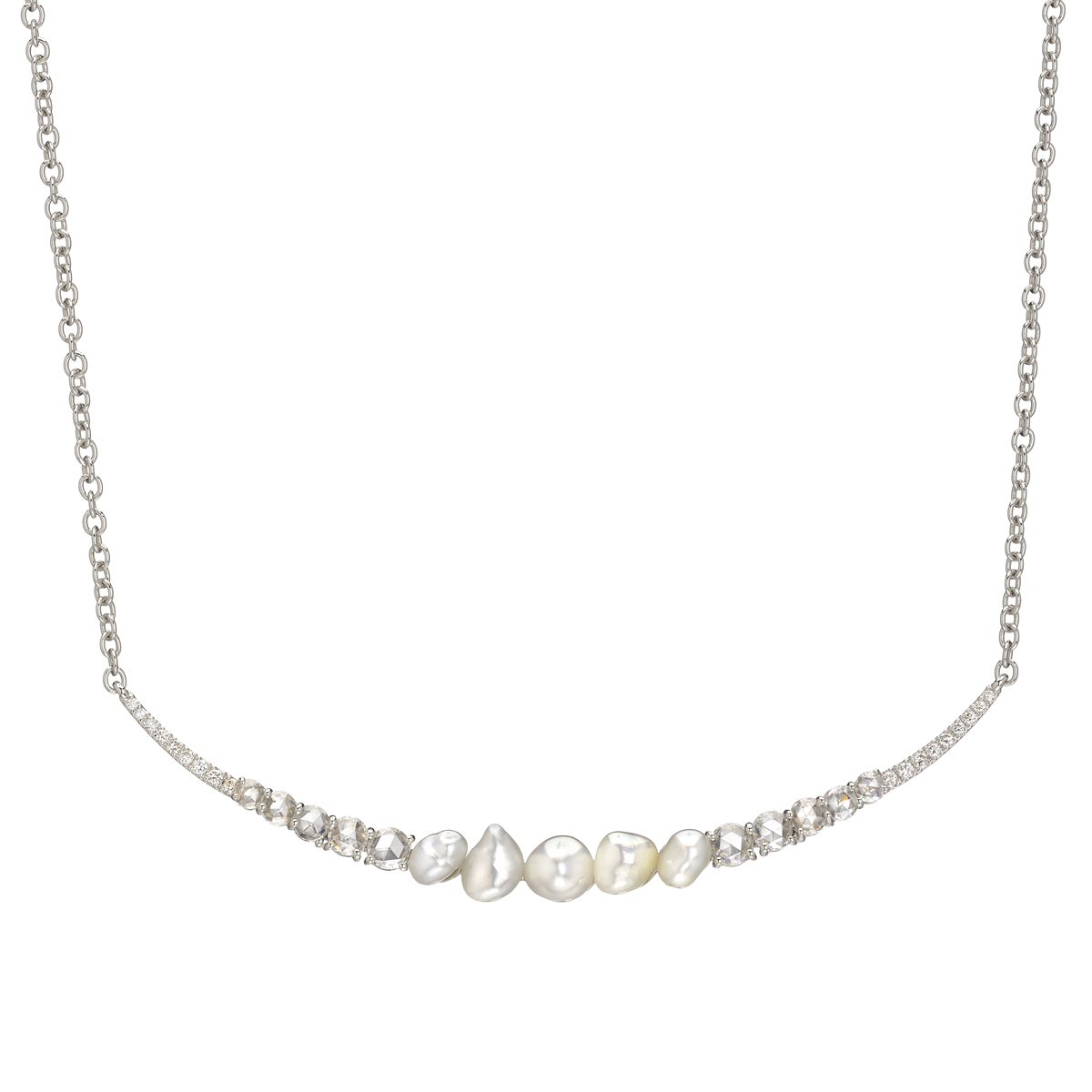 K18 WHITE GOLD BRILLIANT AND ROSE CUT DIAMOND NECKLACE WITH PEARLS