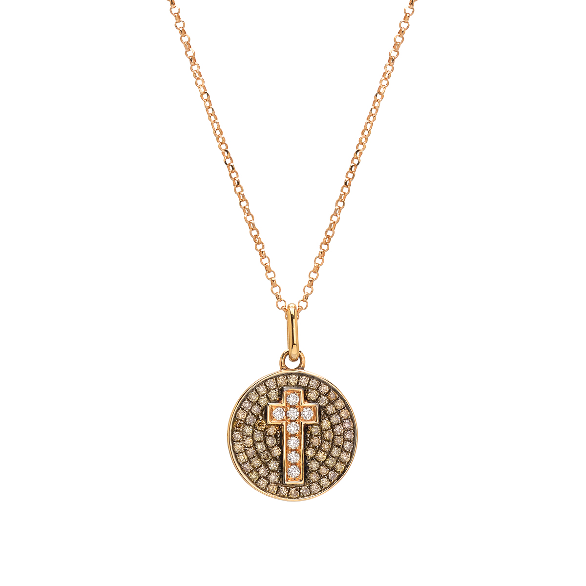 K18 ROSE GOLD WHITE AND BROWN DIANOMD CROSS NECKLACE