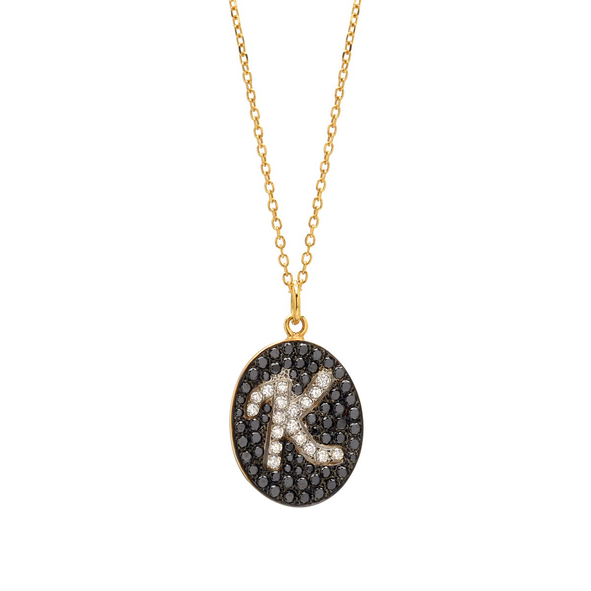 YELLOW GOLD WHITE AND BLACK DIAMOND NECKLACE WITH INITIAL -K-