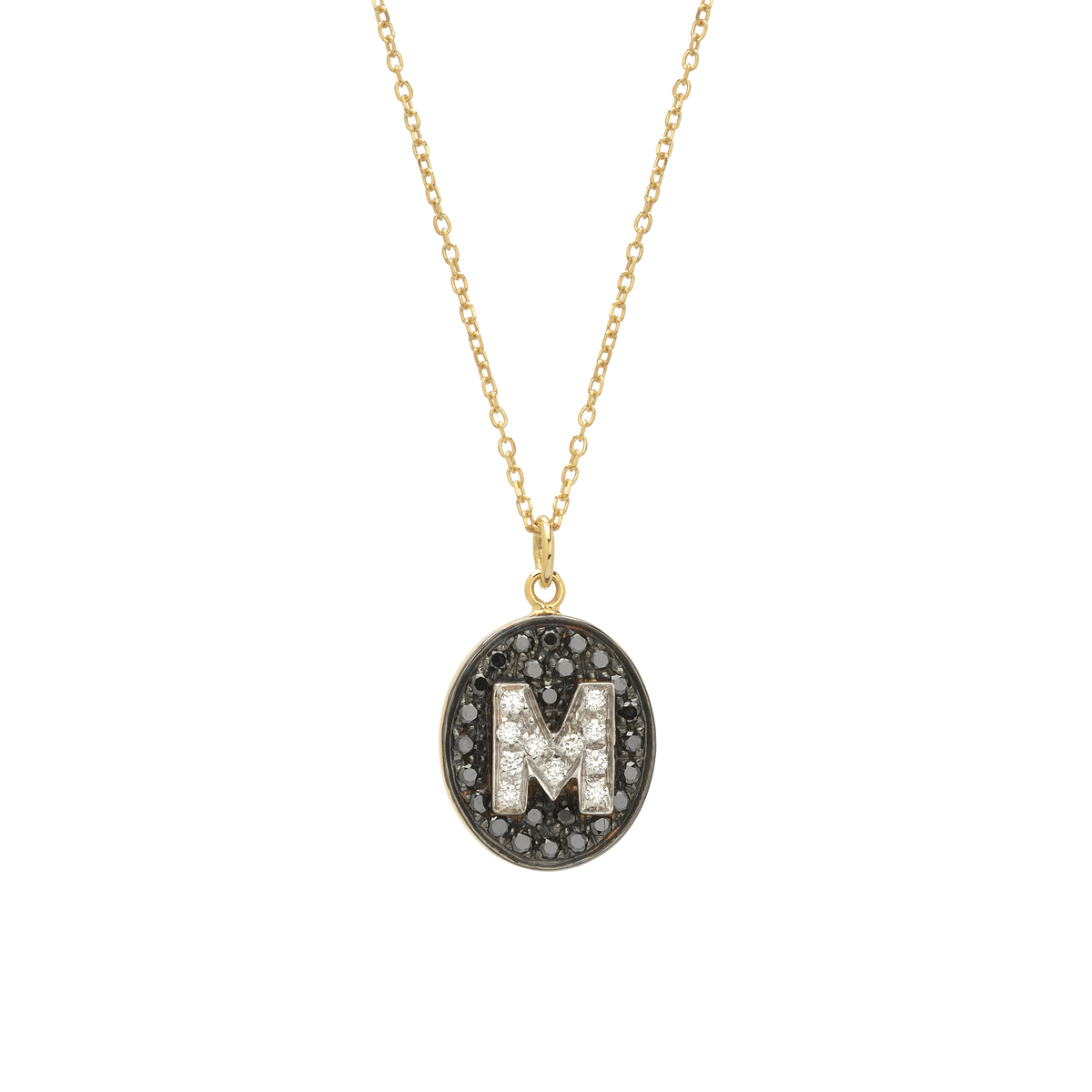 YELLOW GOLD WHITE AND BLACK DIAMOND NECKLACE WITH INITIAL -M-