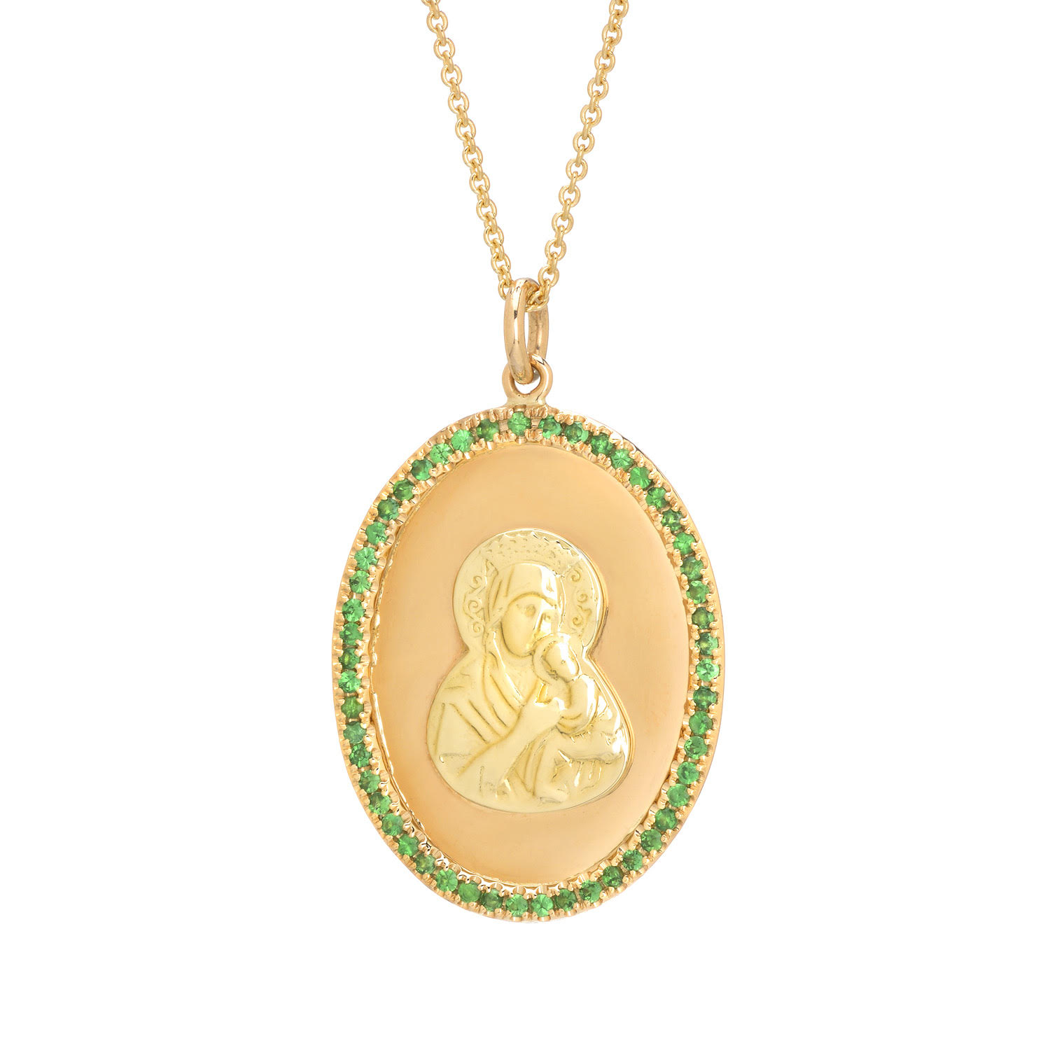 K18 YELLOW GOLD MADONNA NECKLACE WITH TSAVORITIS