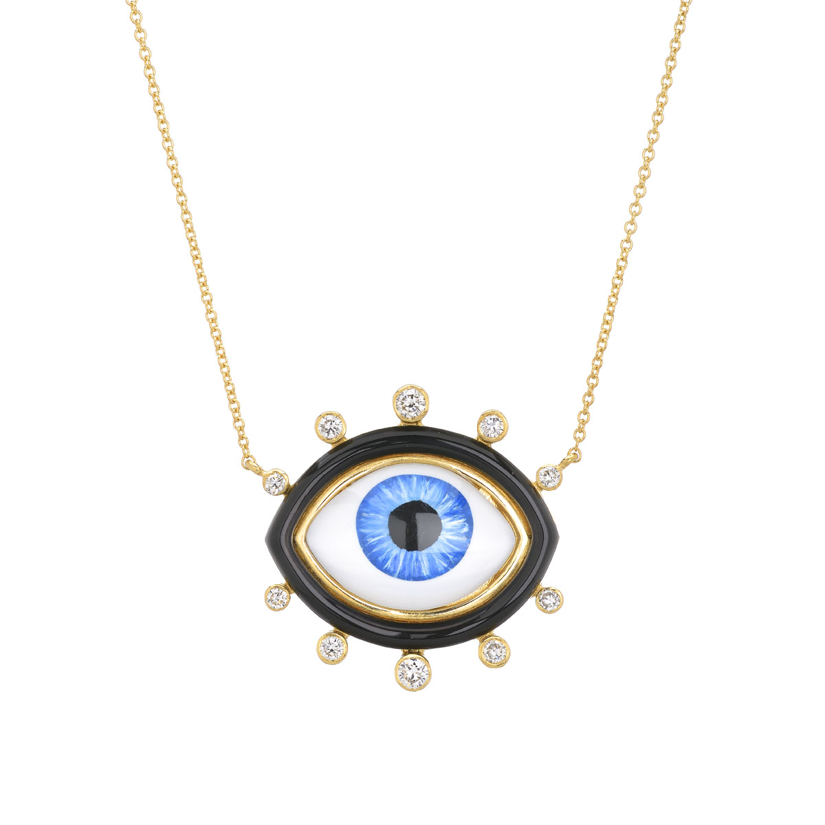 K18 YELLOW GOLD EVIL EYE DIAMOND NECKLACE WITH ENAMEL