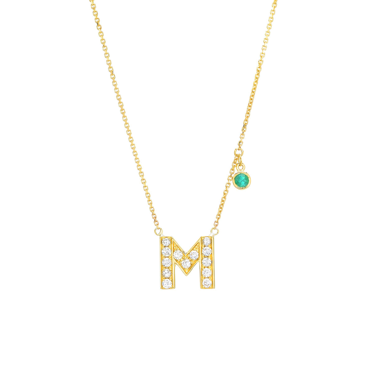 INITIAL -M- DIAMOND NECKLACE WITH EMERALD YELLOW GOLD