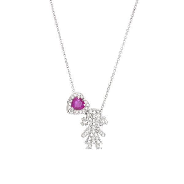 HEART DIAMOND NECKLACE WITH GIRL FIGURE AND RUBY WHITE GOLD