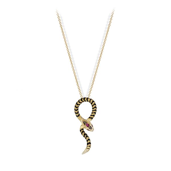 18K YELLOW GOLD DIAMOND SNAKE NECKLACE WITH RUBIES