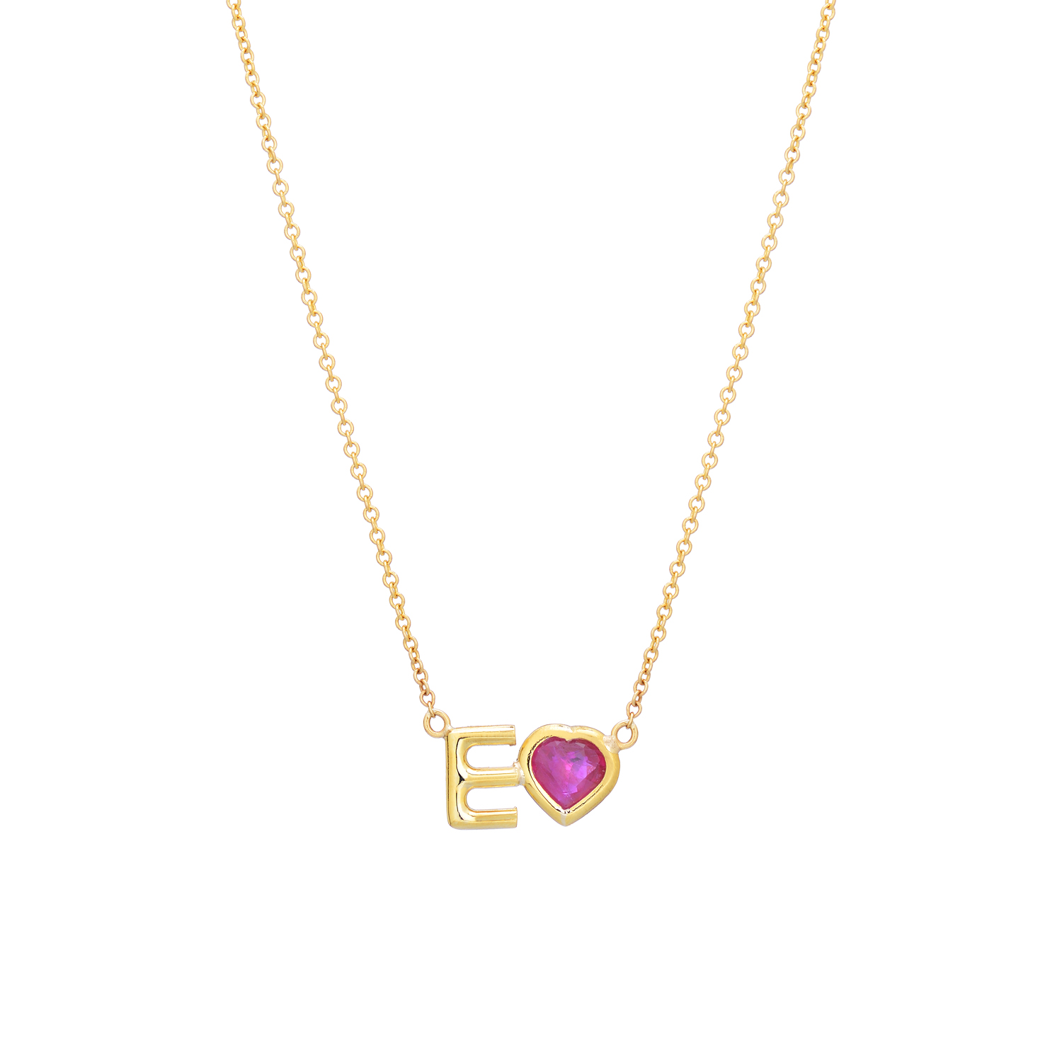 INITIAL -E- HEART NECKLACE WITH RUBY YELLOW GOLD