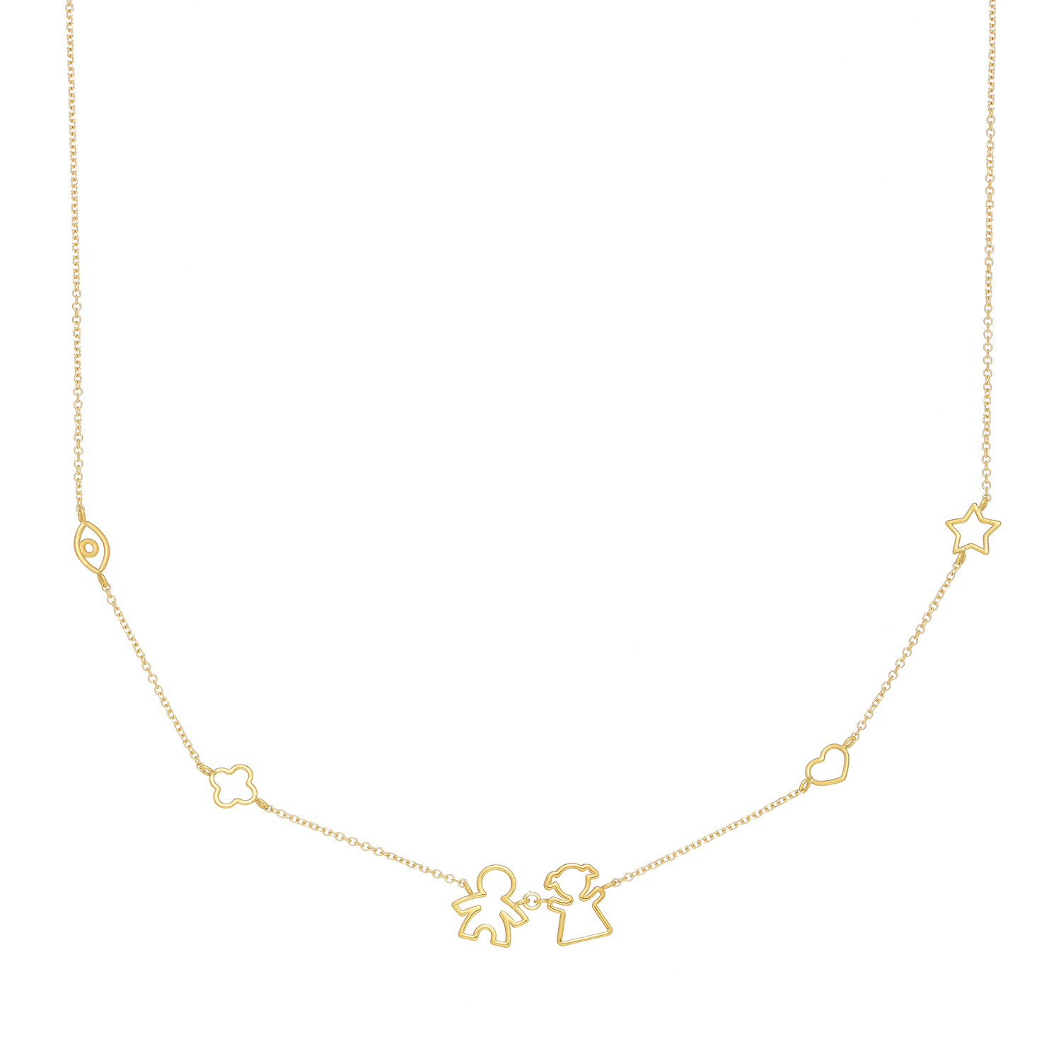 NECKLACE Κ14 GOLD WITH FIGURES BOY-GIRL,EVIL EYE,HEART,CLOVER AND STAR