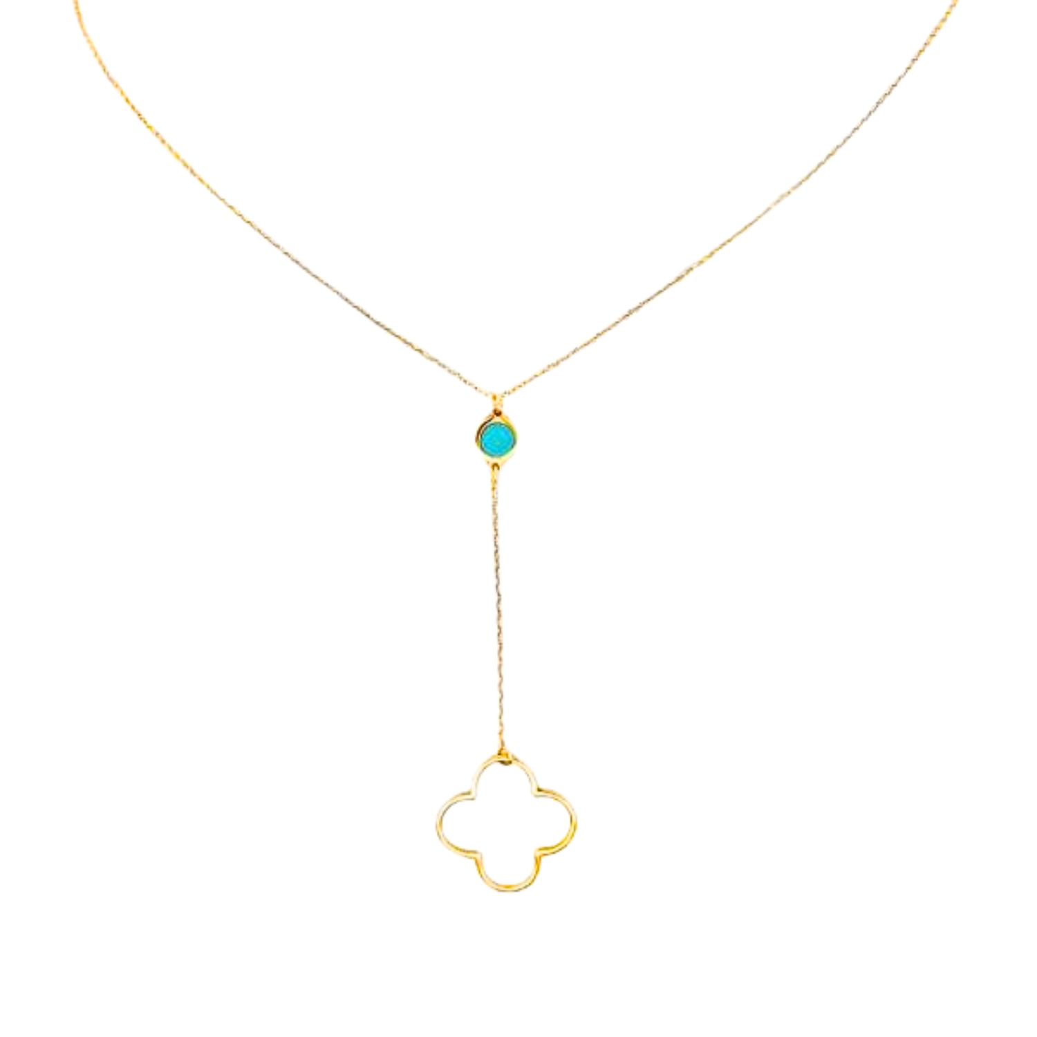 14K GOLD NECKLACE WITH FOUR LEAF AND BLUE MOTIF
