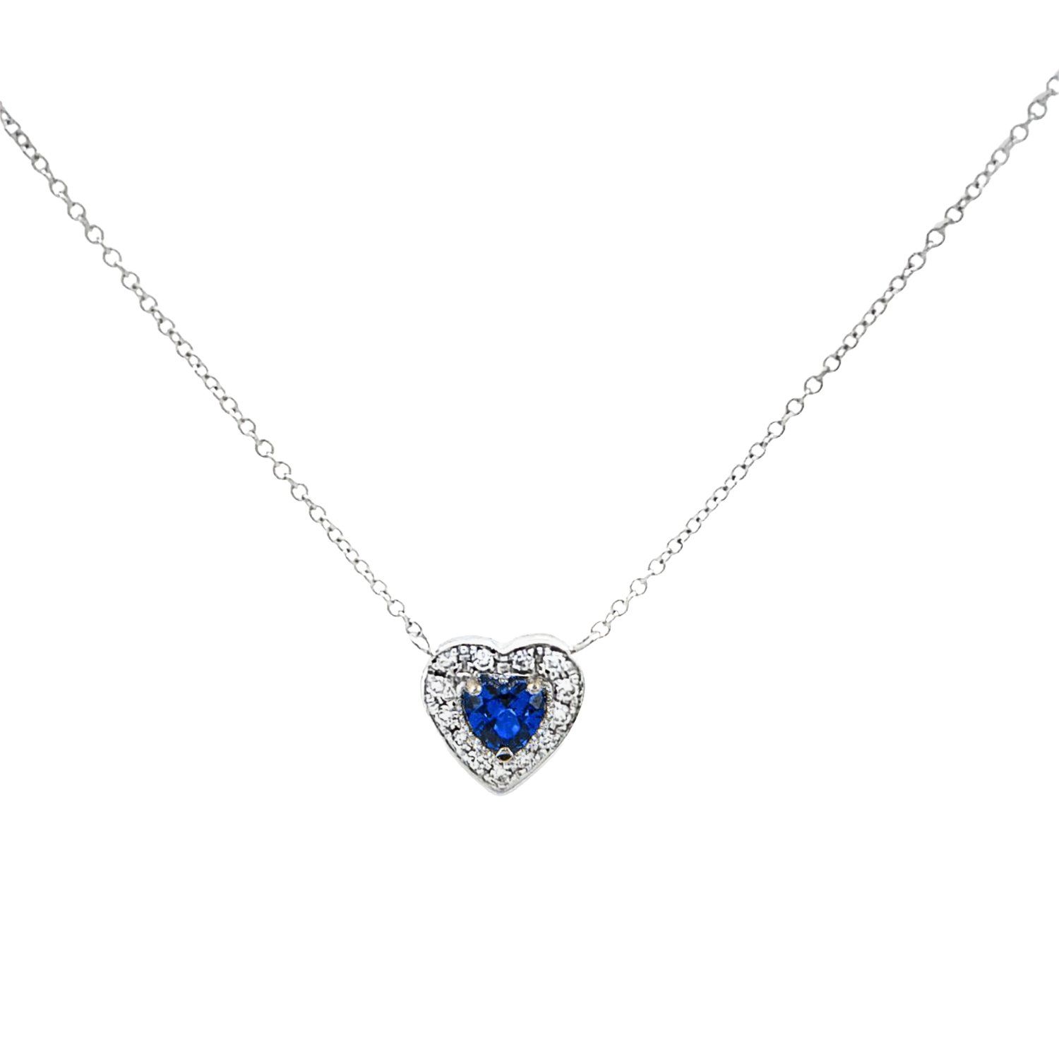 18K WHITE GOLD HEART NECKLACE WITH DIAMONDS AND SAPPHIRE