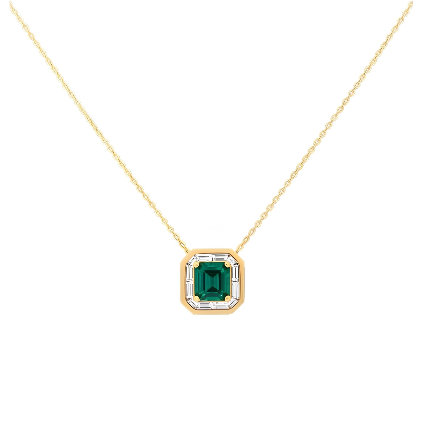 K18 GOLD NECKLACE WITH STEP CUT DIAMOND AND EMERALD