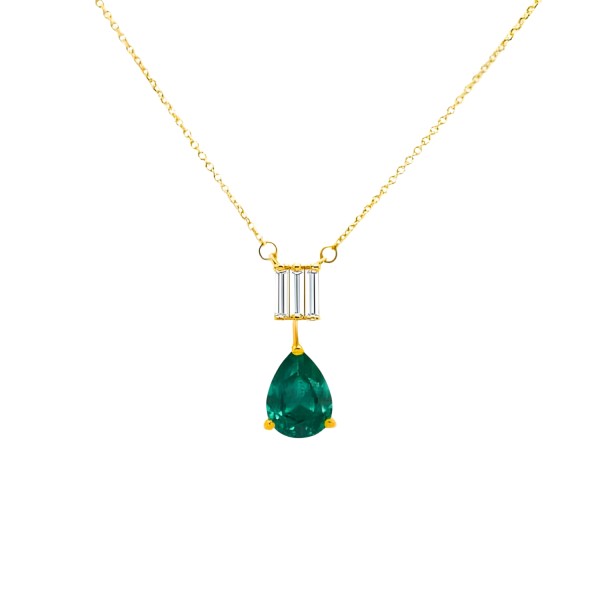 K18 GOLD NECKLACE WITH POIR EMERALD, ROUND AND BAGUETTE DIAMONDS