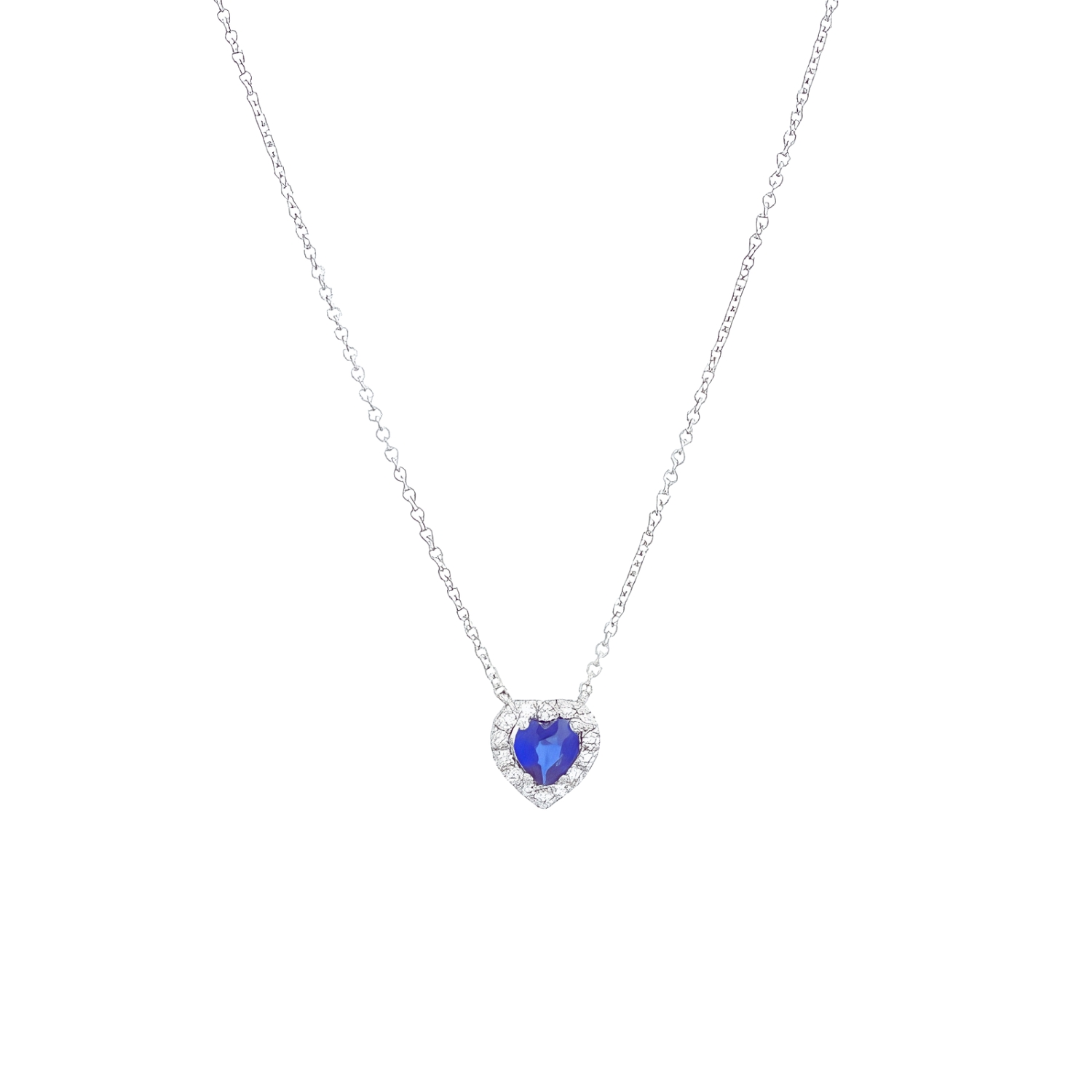 WHITE GOLD NECKLACE K18 HEART WITH DIAMONDS AND SAPPHIRE