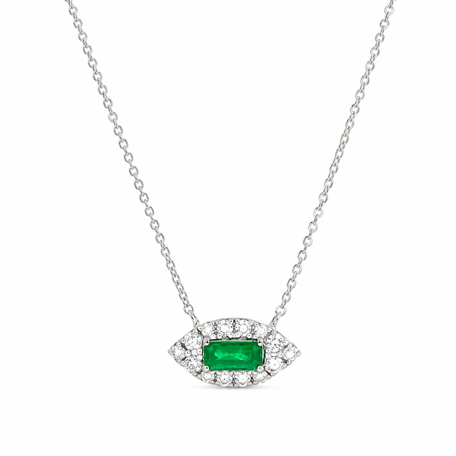 WHITE GOLD NECKLACE K14 WITH DIAMONDS AND EMERALD
