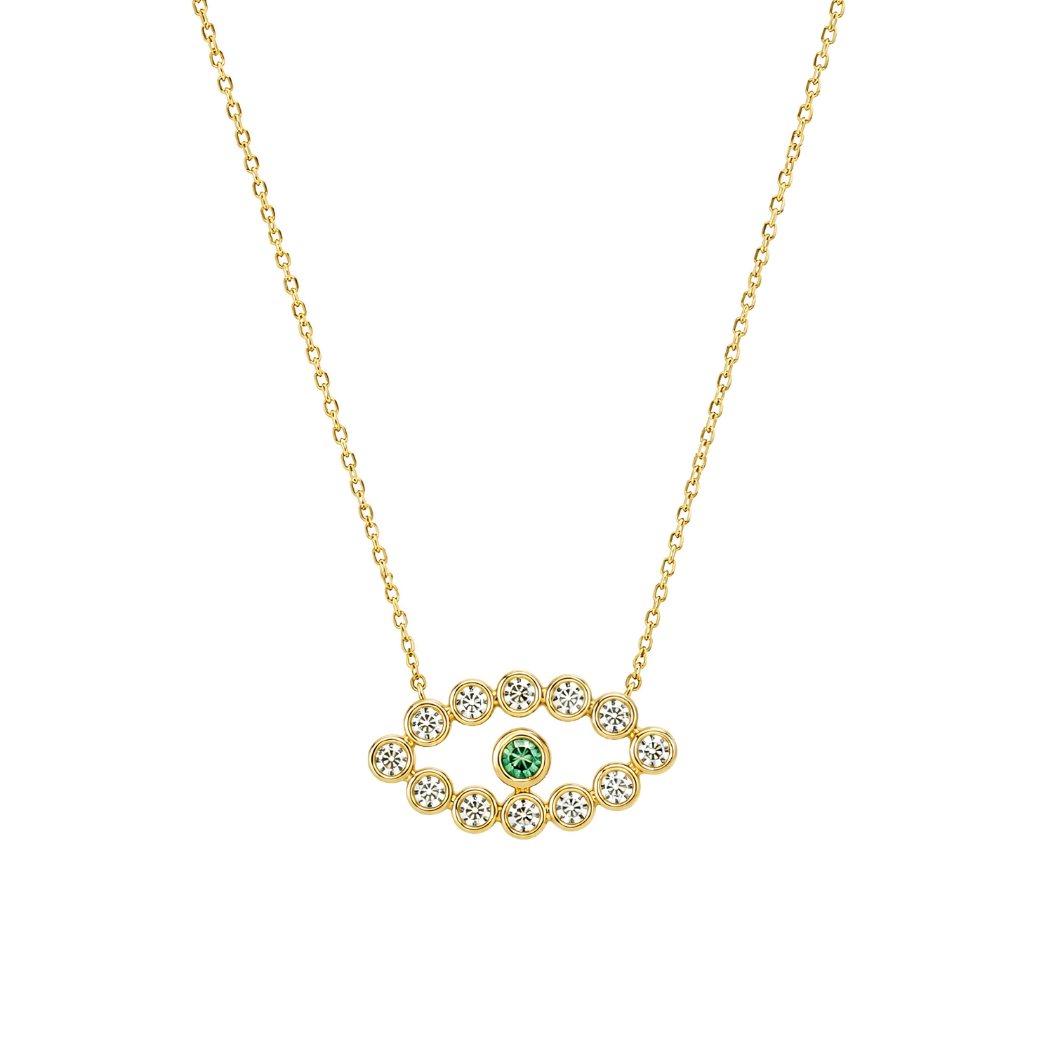 14K GOLD EVIL EYE NECKLACE WITH BRILLIANT-CUT DIAMOND AND EMERALD