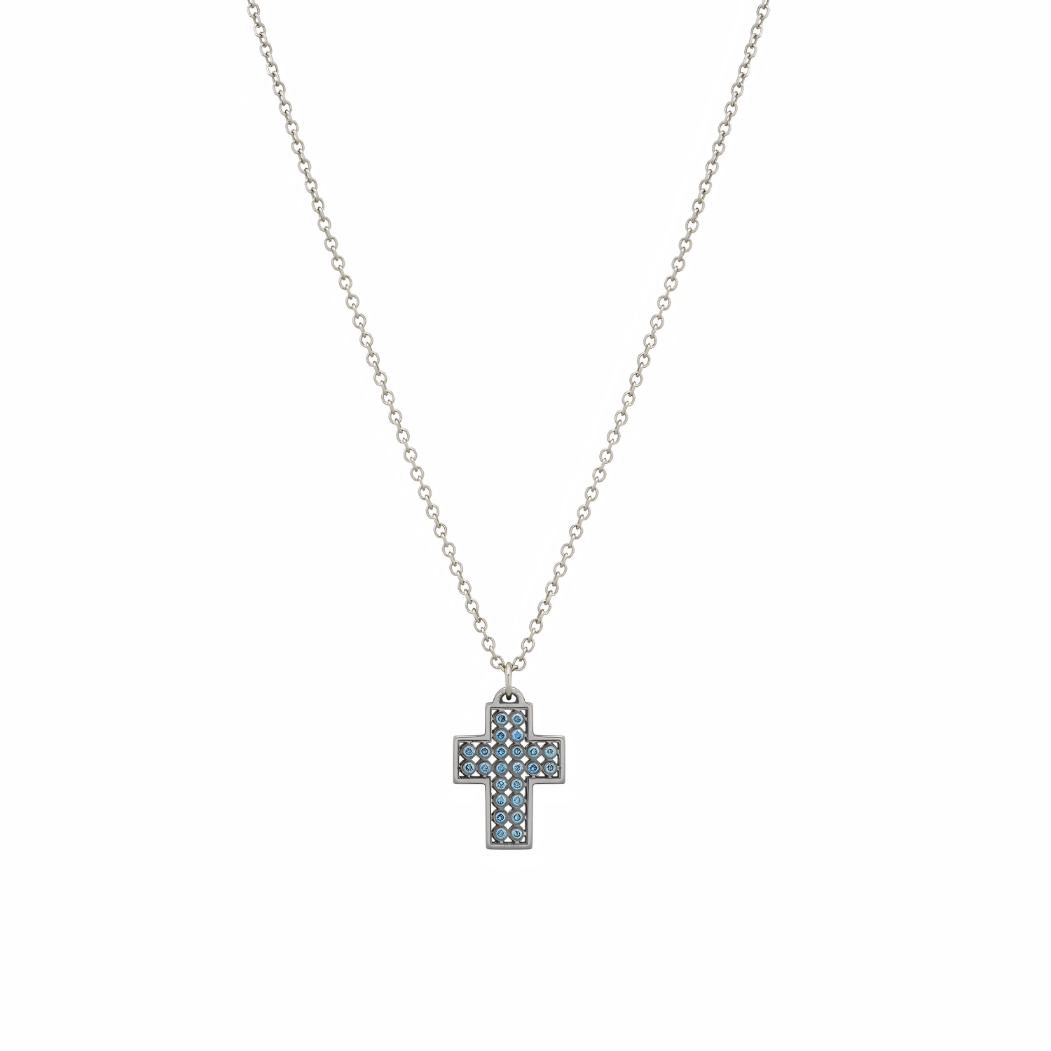 14K WHITE GOLD PENDANT WITH CROSS AND BLUE DIAMONDS