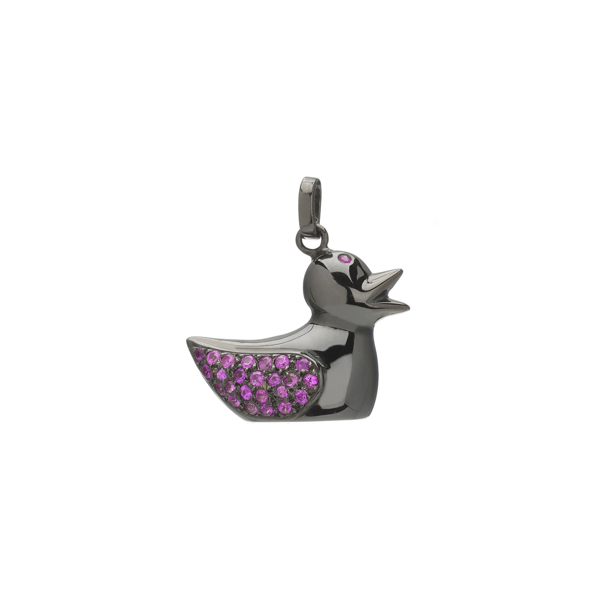 K18 BLACKENED GOLD DUCK PENDANT WITH PINK SAPPHIRES