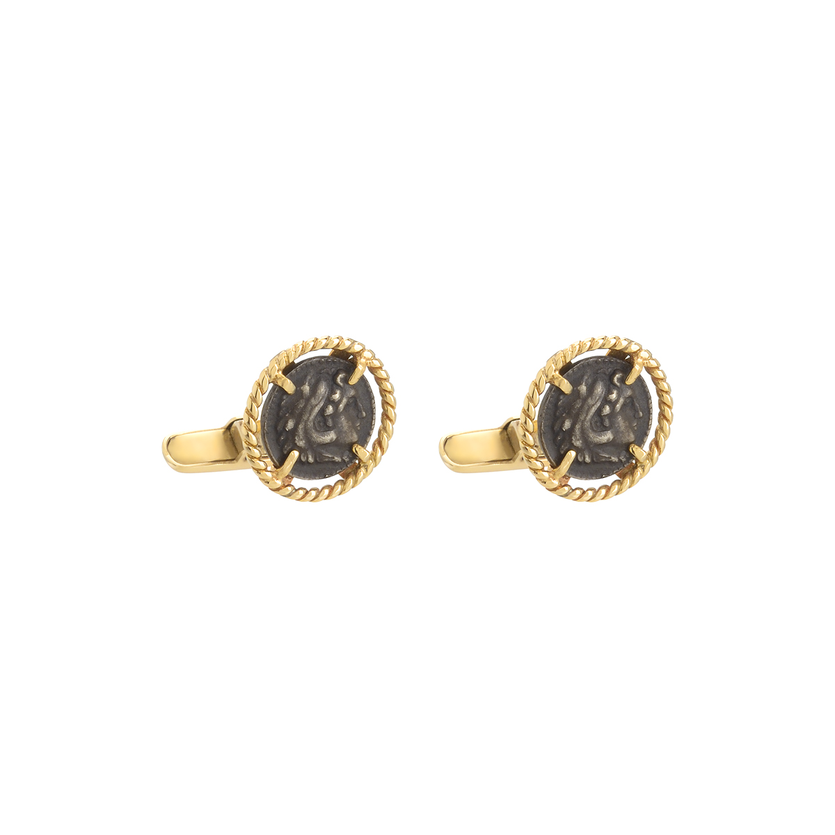 YELLOW GOLD CUFFLINKS K14 WITH SILVER COINS