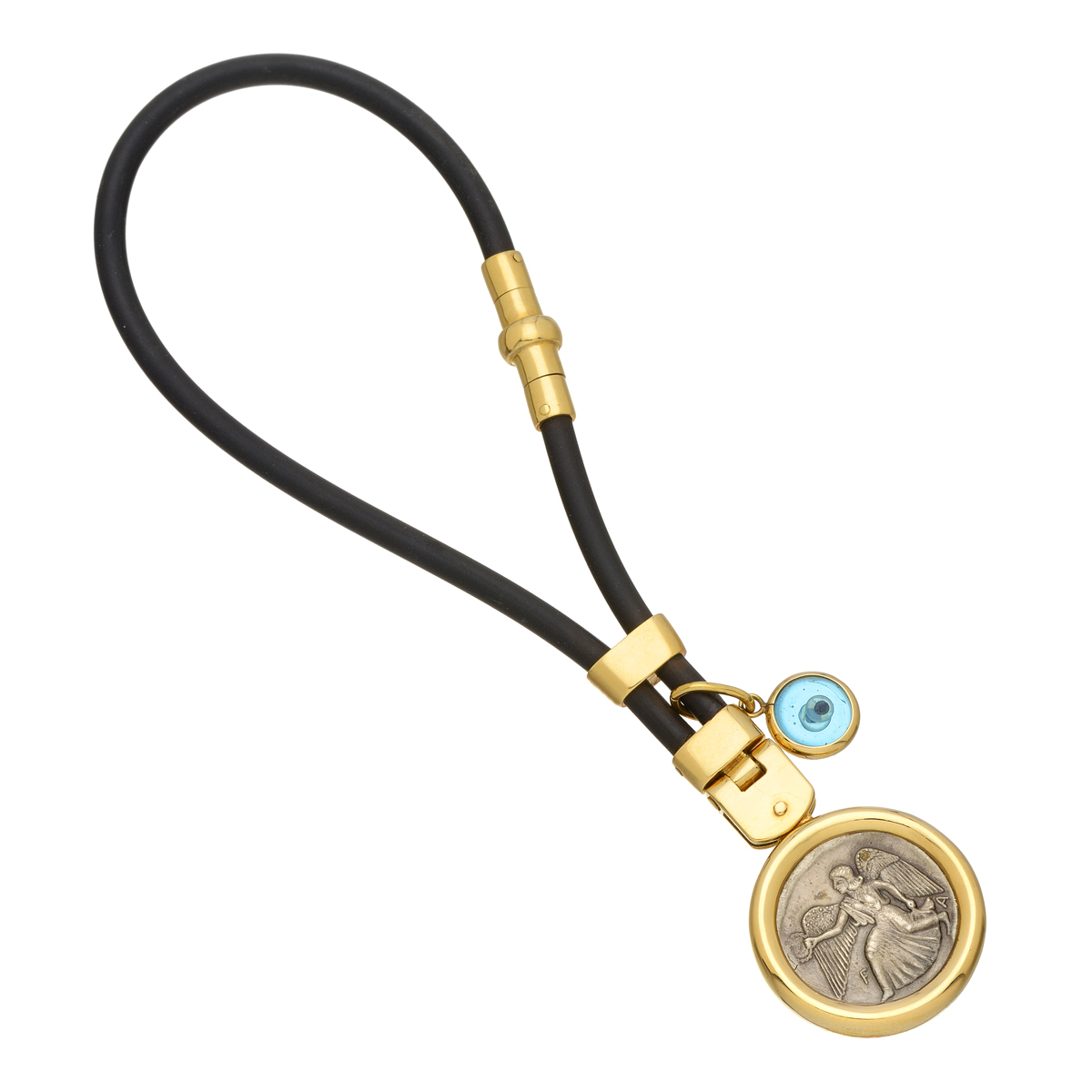 K18 YELLOW GOLD KEYCHAIN WITH SILVER COIN AND EVIL EYE