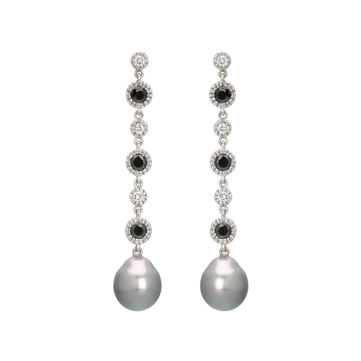 K18 WHITE GOLD WHITE AND BLACK DIAMOND EARRINGS WITH PEARLS
