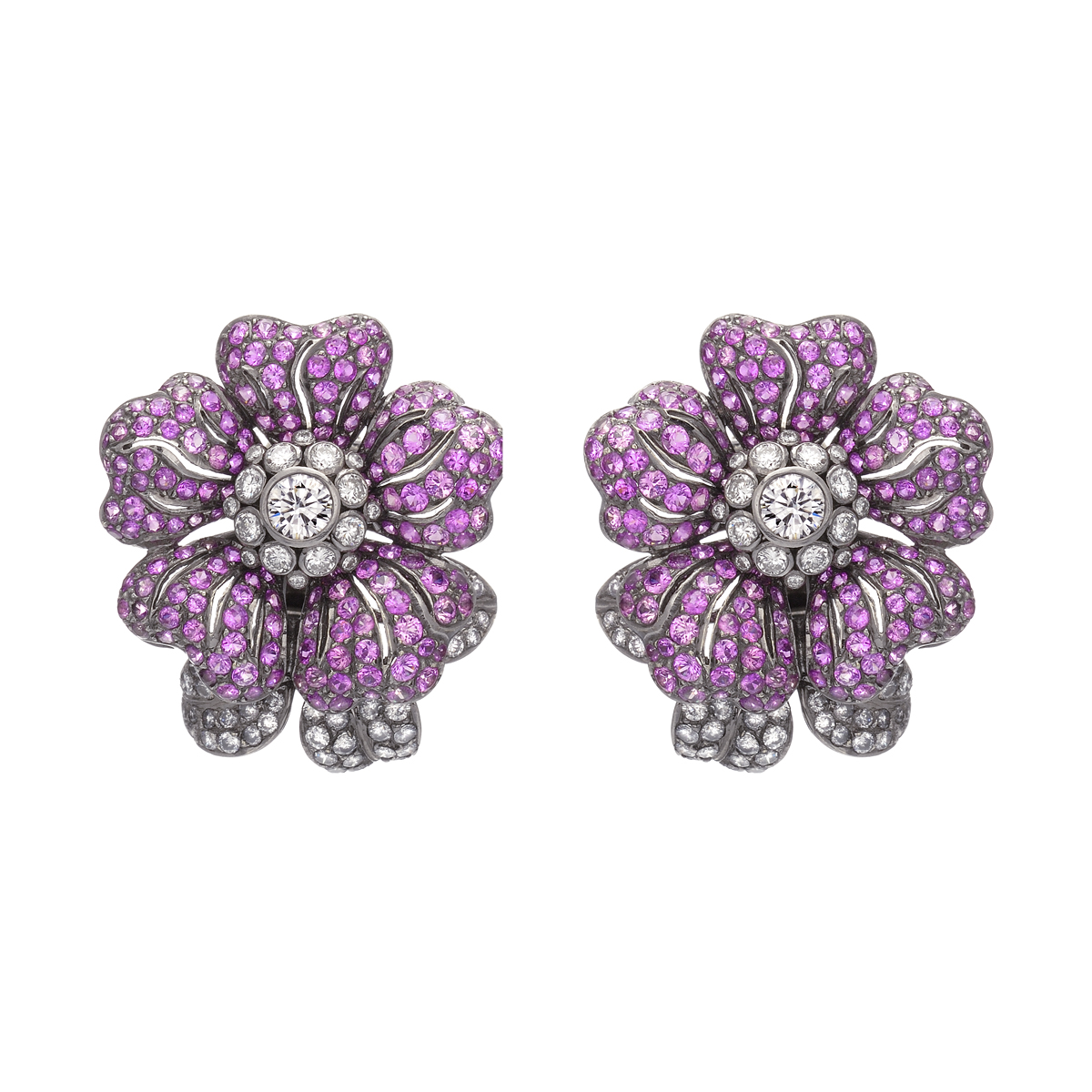 K18 BLACK GOLD FLOWER DIAMOND EARRINGS WITH PINK SAPPHIRES
