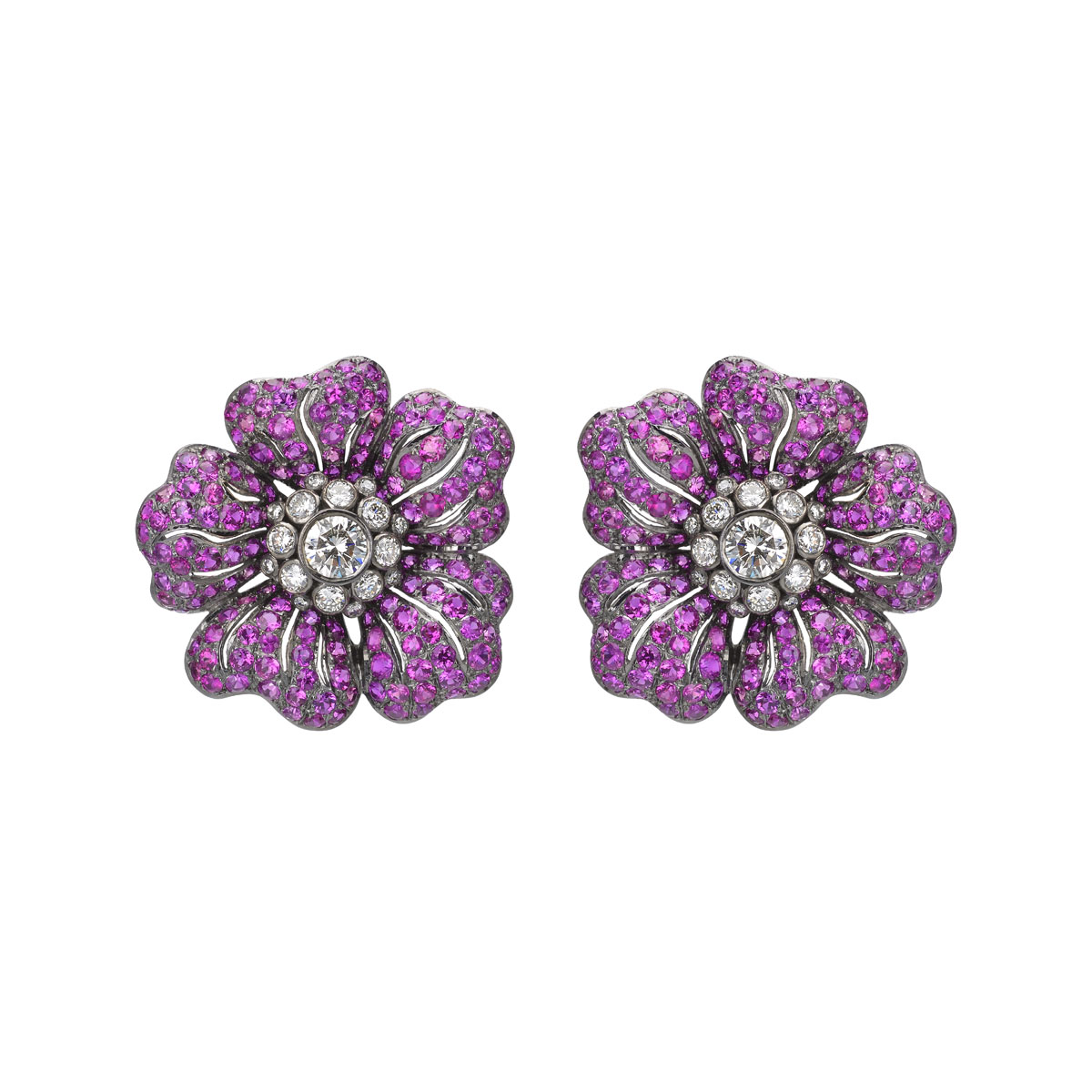 DIAMOND EARRINGS WITH PINK SAPPHIRES 18K BLACKENED GOLD