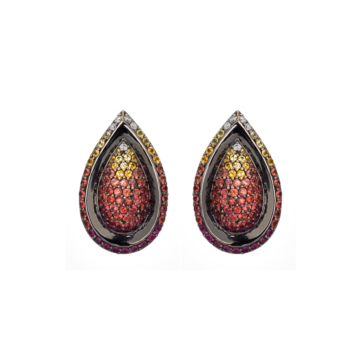 DIAMOND EARRINGS WITH SAPPHIRES AND RUBIES K18 BLACKENED GOLD