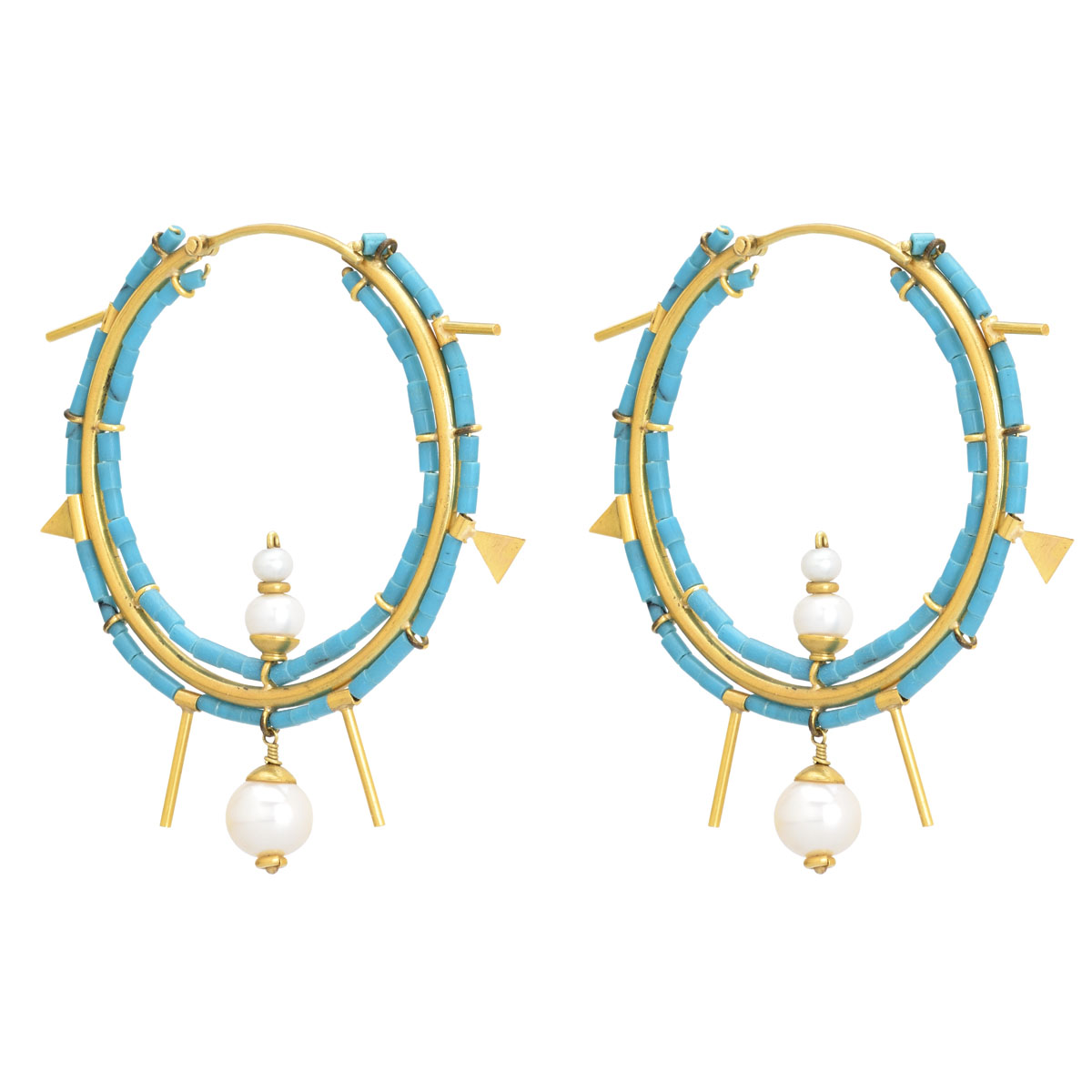 EARRINGS WITH TURQUOISE AND PEARLS 22K YELLOW GOLD