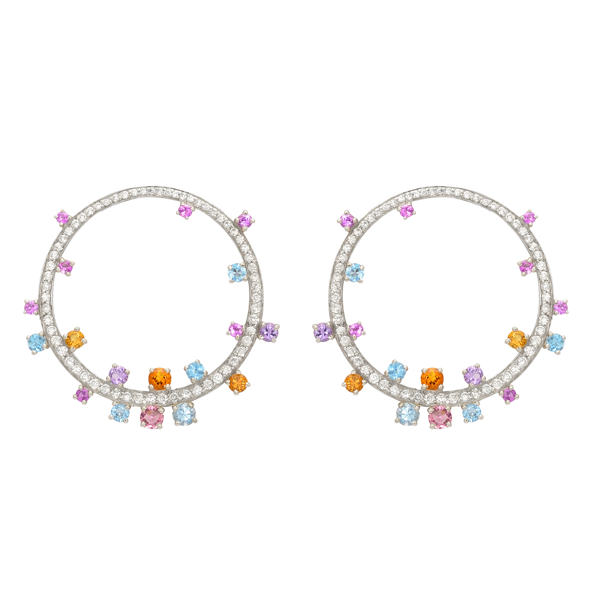 K18 WHITE GOLD DIAMOND HOOP EARRINGS WITH SEMI-PRECIOUS STONES