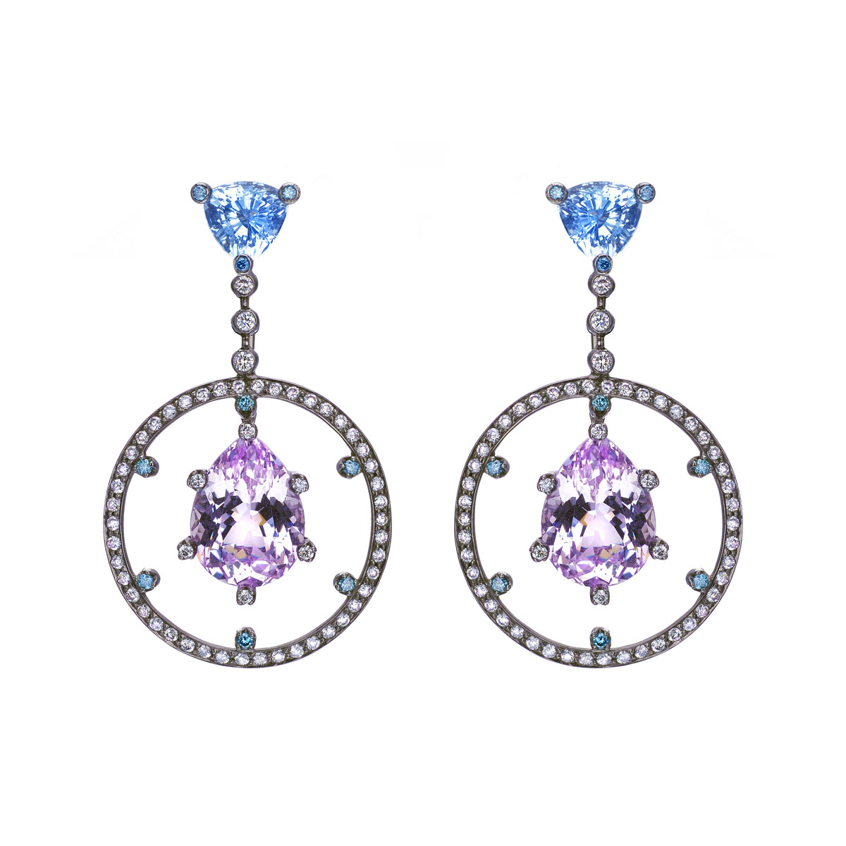 DIAMOND EARRINGS WITH SEMI-PRECIOUS STONES K18 BLACKENED GOLD