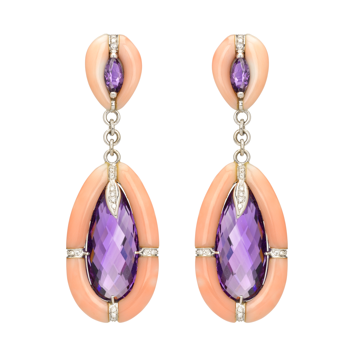 K18 WHITE GOLD DIAMOND EARRINGS WITH AMETHYST AND ROSE CORALS
