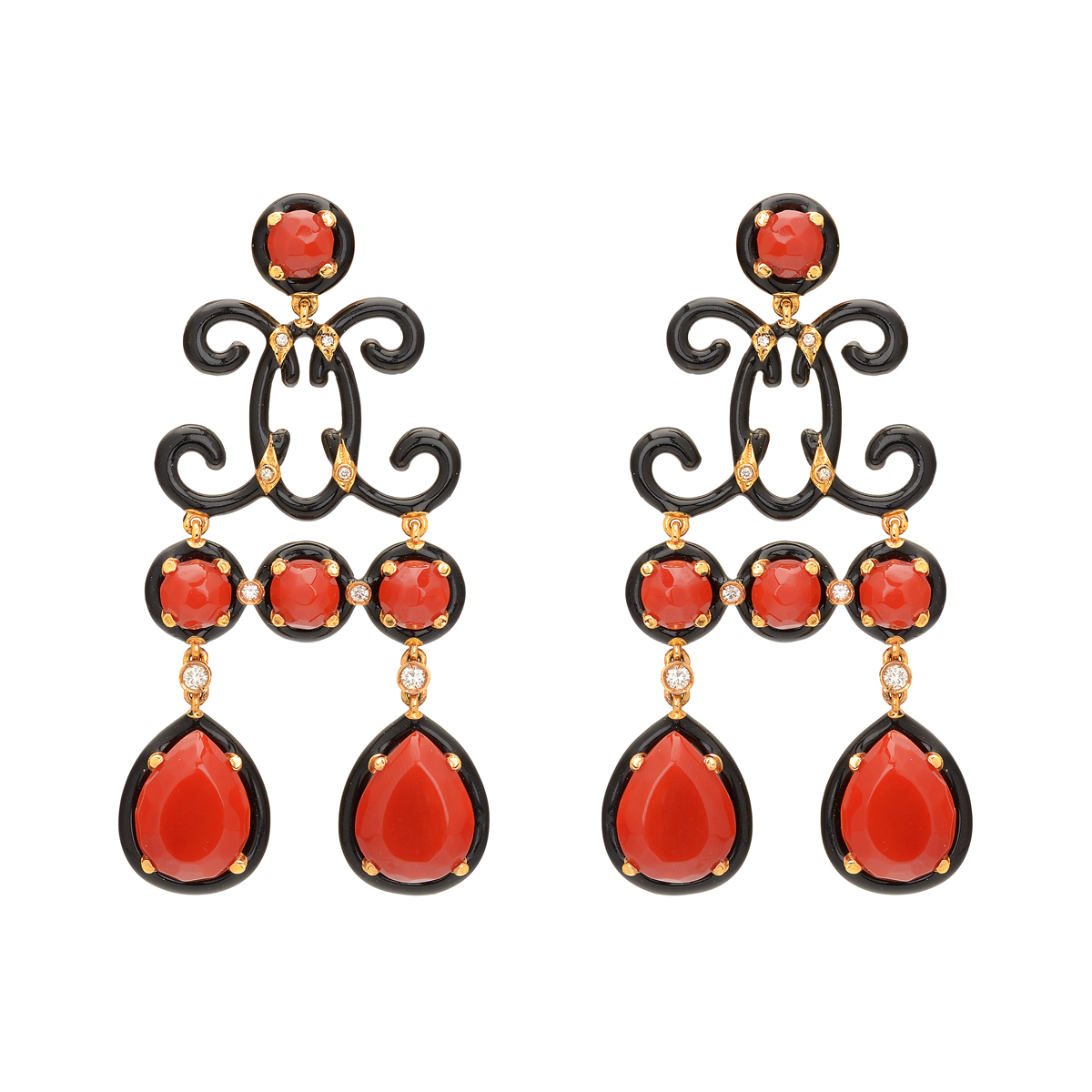 K18 ROSE GOLD DIAMOND EARRINGS WITH CORALS AND ENAMEL