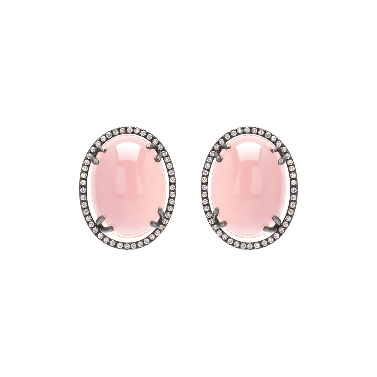 DIAMOND EARRINGS WITH ROSE QUARTZ K18 BLACKENED GOLD
